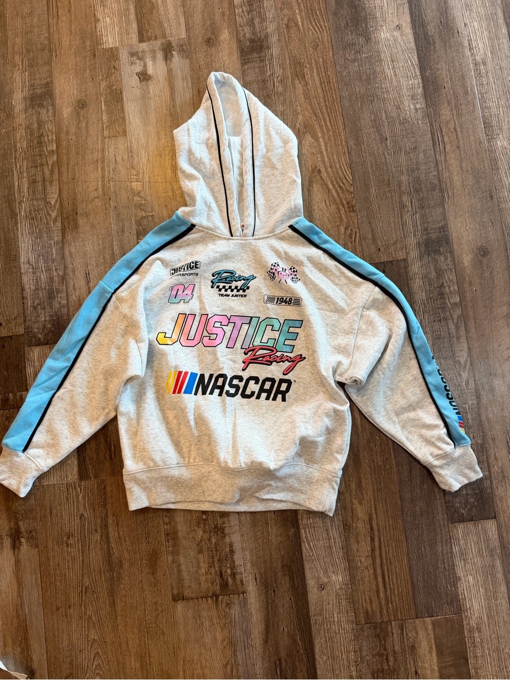 Justice Girls Racing Hoodie in Light Gray with Blue Stripes Sz 7-8